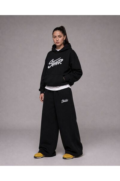 Joetsu Unisex Black 3 Thread Oversize Hooded Sweatshirt and Baggy Wide Leg Sw...