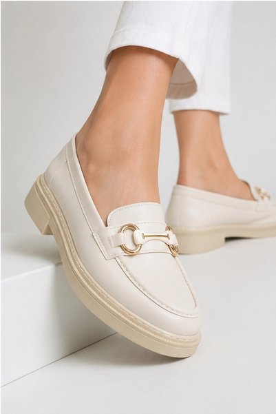 HT HOTİN Lorin Women's Orthopedic Buckle Stitched Loafer Shoes - Faux Leather Comfortable Thick Sole - Beige