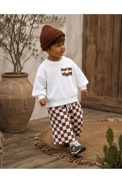 favorimkids Ride Big Waves 2-Piece Boys' Set with Brown Plaid Pants