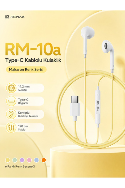 Remax 14.2mm Sürücülü Mikrofonlu Kulak İçi Kablolu Kulaklık - Type-C RM-10a Sarı
