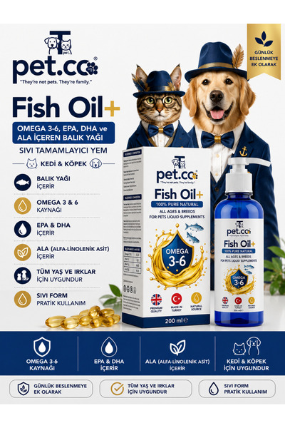 Fish Oil+ Kedi & Köpek Balık Yağı 200 ml | Omega 3-6, EPA, DHA ve ALA İçeren | Sıvı Tamamlayıcı Yem