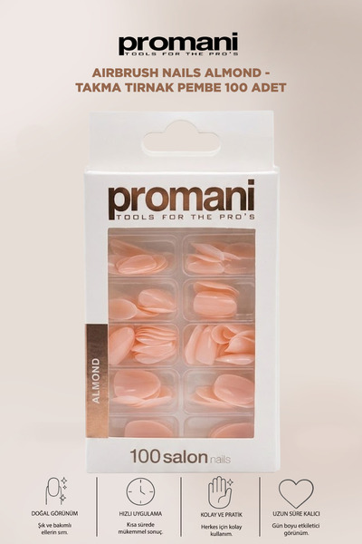 Promani Airbrush Nails Almond - Takma Tırnak Pembe 100 Adet