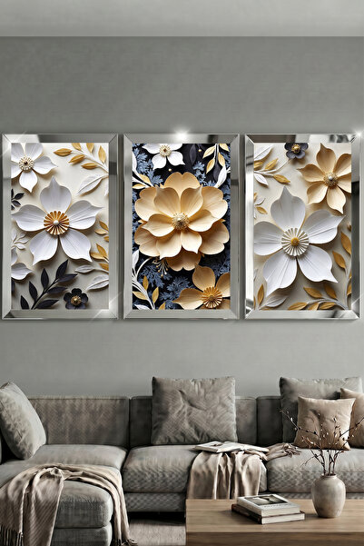 Luna Concept Gümüş Çerceveli Ayna Pleksili 3'lü Set Modern Tasarım Yeni Ev Hediyesi Tablo