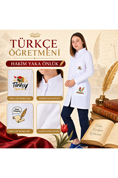 YnkStore Türkçe Edebiyat Öğretmeni Önlüğü Kadın Beyaz Baskılı 1. Kalite Alpak...