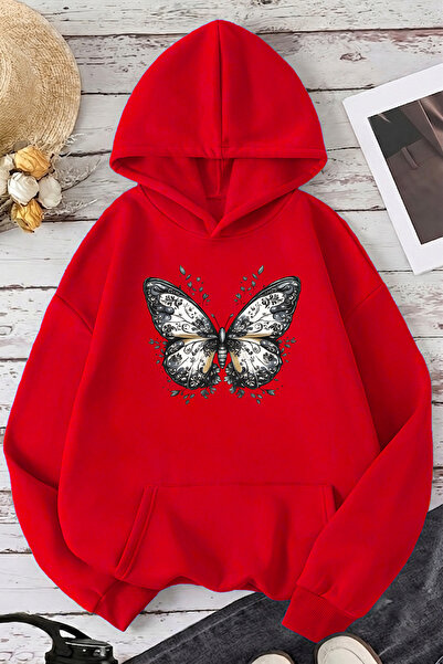 uyguntarz Unisex Pattern Butterfly Printed Oversize Hoodie Hooded Sweatshirt