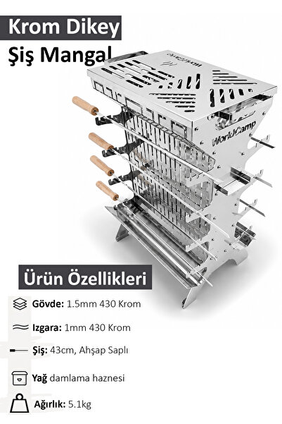 worldcamp Krom Dikey Şiş Mangal – 8 Şiş, Taşıma Çantalı