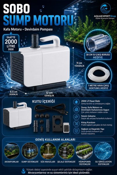 Sobo Sump Motoru - Kafa Motoru - Devirdaim Pompası - 2000 LT/Saat - 30 CM Su Çıkış Borusu - 1 Metre Hava Hortumu Hediye