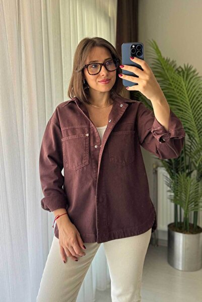 Kubos Moda Çift Cep Çıtçıtlı Oversize Gabardin Vizon Gömlek Ceket