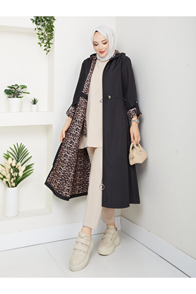MEHDENEFE Leopard Print Inside Detail Hooded Trench Coat with Elastic Waist M...