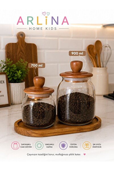 Arlina Home Kids 700ML-950ML Akasya Kapaklı Akasya Altıklı Cam Kavanoz Seti