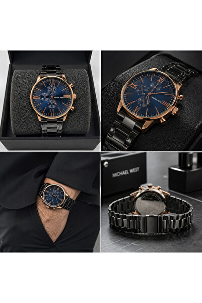 Michael West Erkek Kol Saati Lacivert Kadran Rose Gold Kasa Siyah Metal Kordo...