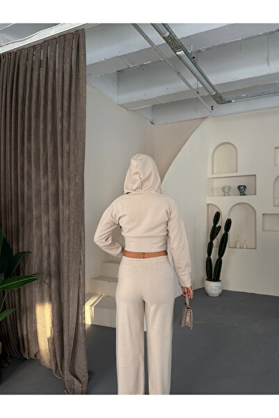 NOTHING Kadın Premium Selanik Kumaş Crop Fermuarlı Kapüşonlu & Wide Leg Pantolon İkili Takım GN-0095