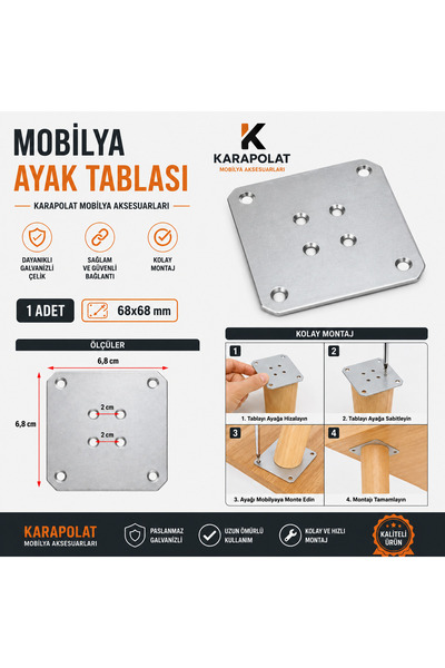 KARAPOLAT 1 Adet Mobilya Ayak Tablası 68x68 mm Galvanizli Çelik Mobilya Ayağı...