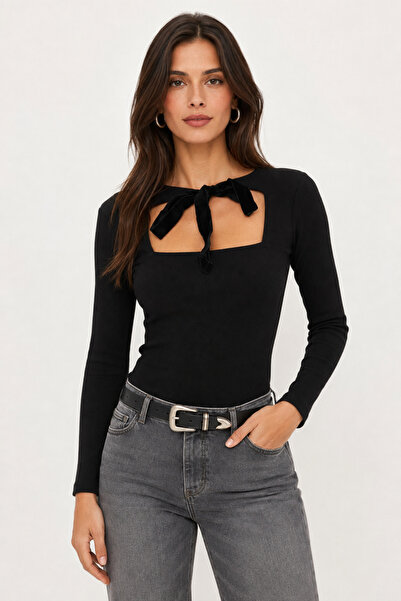 Sienza Women's Black Tie-Detail U-Neck Long Sleeve Blouse