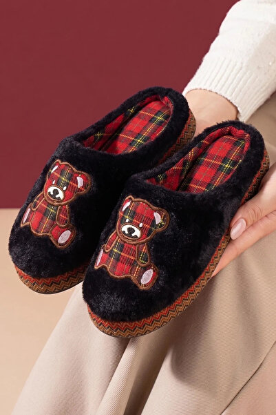 FUGA MODA Masha Black Plaid Teddy Bear Detailed Plush House Slippers Winter F...