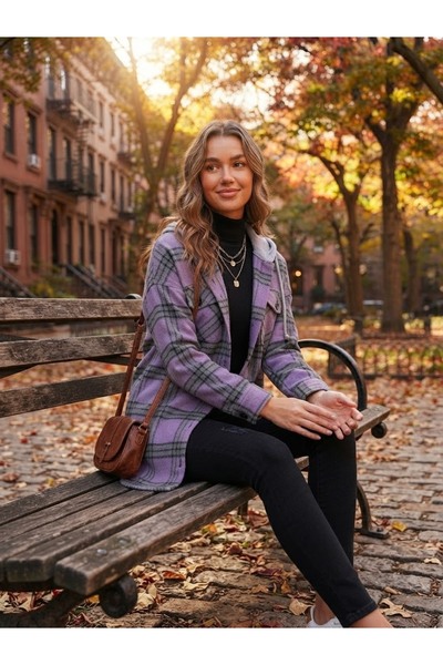 Polologin Butik Hooded Plaid Patterned Viscose Tunic (Purple/Grey)