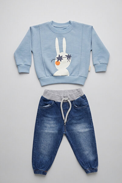zumino Baby Girl Rabbit Printed Sweatshirt and Jogger Jean Pants Set