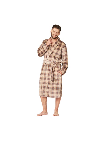 KEY Halat de baie pentru barbati MGL-402, carouri, bej, material fleece, XL-2...
