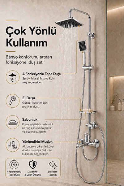 Flextail Krom Banyo Bataryası Sıcak Soğuk Mix Kare Tepe Yağmurlama Musluk ve Fonksiyonlu Robot Duş Seti