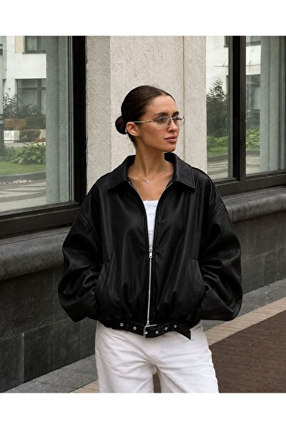 Mad&Calf Women's Oversized Bomber Jacket with Belt Detail and Pockets