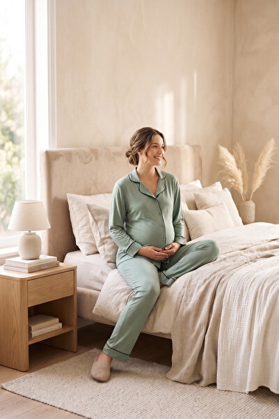 Miss Dünya Lissa Shirt Collar Button-Front Long Sleeve Relaxed Fit Maternity ...