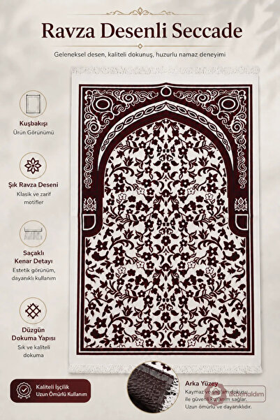 İlkbenaldim Ravza Patterned Prayer Rug with Fringes and Non-Slip Base - Quali...