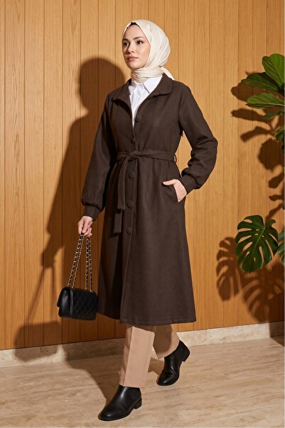 MODAQU Women's Belted Balloon Sleeve Cashmere Coat Dark Brown