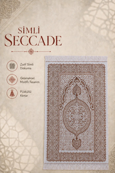 İlkbenaldim Glittery Prayer Rug with Tassels and Traditional Motifs - Brown