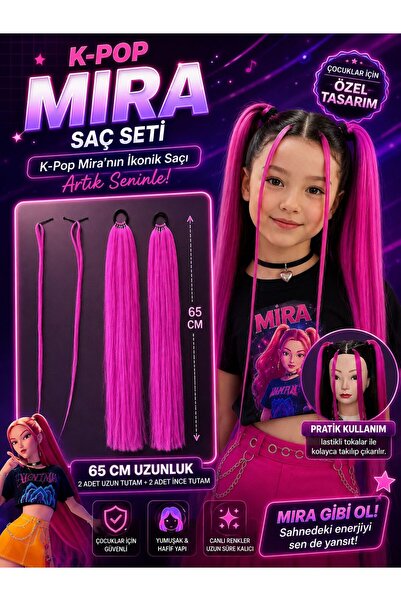 Rhea Company K-Pop Mira Saç Seti – Çocuklar İçin 65 cm Renkli Pembe Postiş Ta...