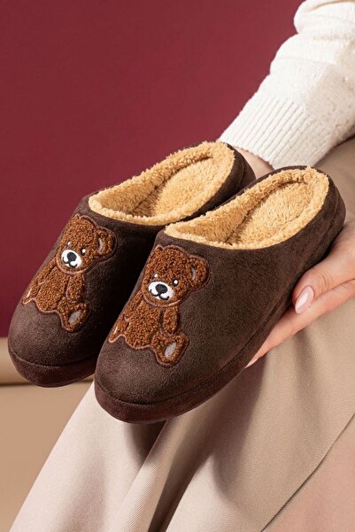 FUGA MODA Pepra Brown Teddy Bear Plush House Slippers Embroidered Winter Indo...