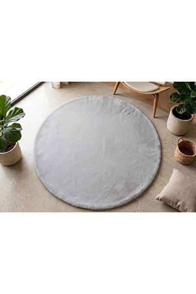 DEKOSET Home Tavşan Tüyü Düz Gri Yuvarlak Yumuşak Yıkanabilir Tabanlı Peluş Halı