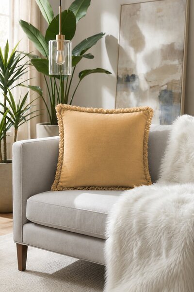 Elart Fringed Linen Cushion Cover 43X43 cm Mustard