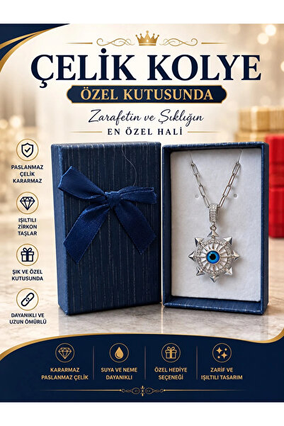 İlkbenaldim Stone-Encrusted Evil Eye Compass Model Steel Necklace, Anti-Tarni...