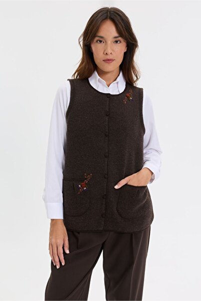 Desen Triko Women's Crew Neck Knitted Rose Embroidered Short Wool Vest Dark B...