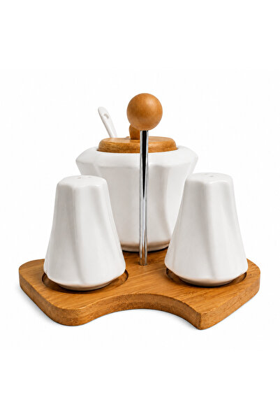 BRANDLESS Set of 3 ceramic spice containers with Bamboo stand and central handle