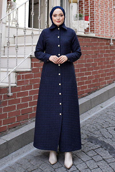 Modamihram Classic Collar Buttoned Long Quilted Robe Navy Blue 1302