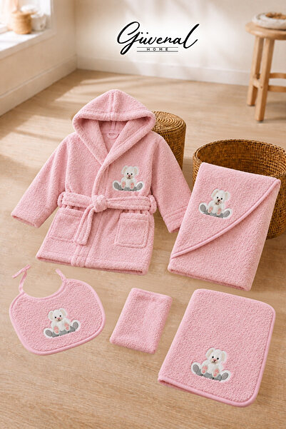 Güvenal Cotton Candy |   5-Piece Boxed Embroidered Cotton Hooded Baby Bathrob...