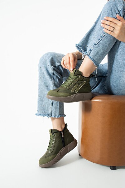 SEFERİ Women's Khaki Lace-Up Comfortable Sports Shoes