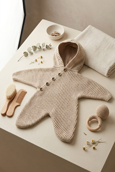 Meriç bebe Star Figured Seamless Hooded Unisex Knitwear Baby Romper 0-6 Months