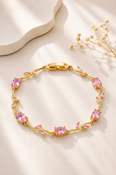 Alexis Carrel Sapphire Pink Zircon Stone Tulip Steel Gold Bracelet