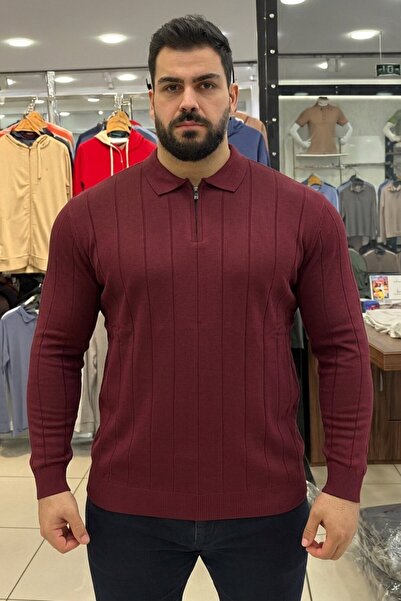 Maccali Men's Winter Large Size Burgundy Zippered Sweatshirt