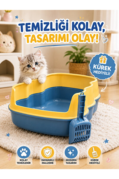 HAYHAYPETSHOP Kedi Tuvaleti Kürekli Açık Kedi Kum Kabı Yüksek Kenarlı Kumluk ...