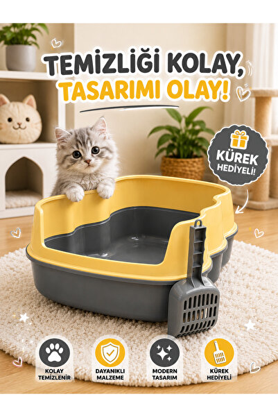 HAYHAYPETSHOP Kedi Tuvaleti Kürekli Açık Kedi Kum Kabı Yüksek Kenarlı Kumluk ...