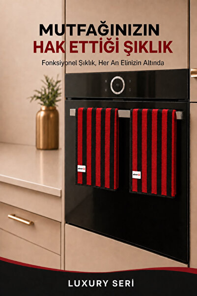 SİLVER HOME Luxury Serisi 2’li Kırmızı Siyah İri Çizgili Mikrofiber Temizlik Bezi 40x40 cm Süper Emici İz Bırakmaz