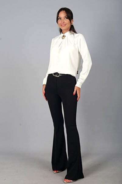 By Saygı Women's Spanish Flare Lycra Crepe Trousers with Waist Belt