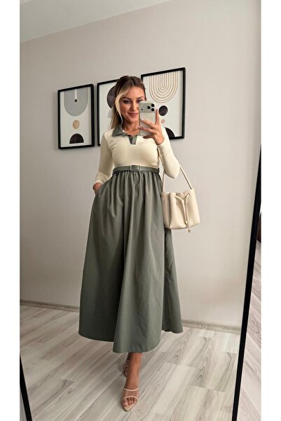 İNVİSUS Belted Long Sleeve Camisole Dress with Tencel Skirt