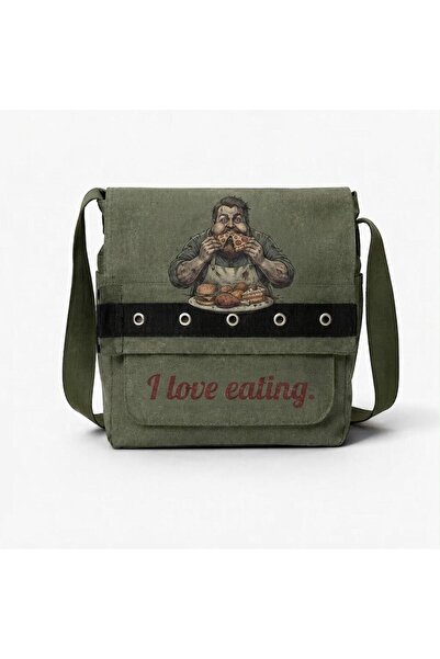 nesebutik Khaki I Love Eating Printed Round Eyelet Messenger Bag