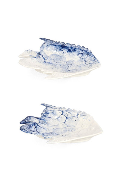Bizzotto Set of 2 white and blue porcelain platters Fish 21x19x2.8 cm