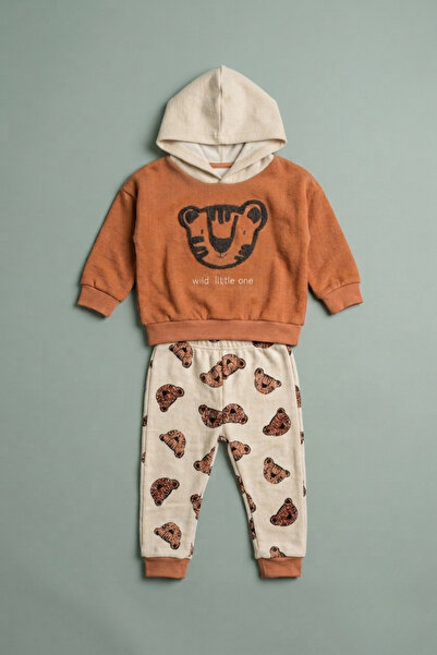 zumino Baby Boy Tiger Patterned Hooded Waffle Textured 2-Piece Set