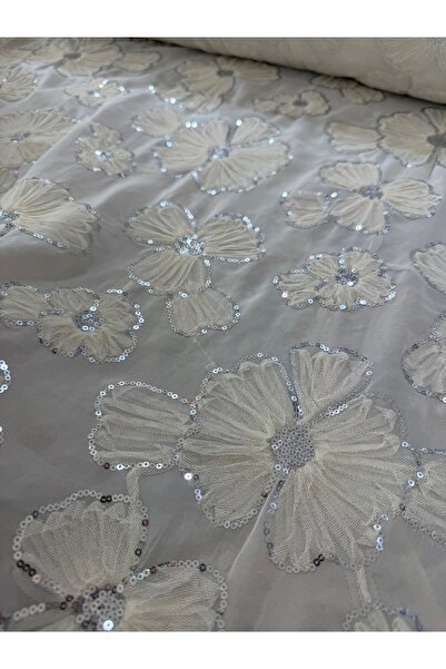 METERİAL Cream Ecru Silver Sequined Floral Applique Brode Fabric - Evening Dr...